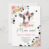 牛モー女の子ファーム動物の二番目の誕生日パーティー 招待状 (正面)