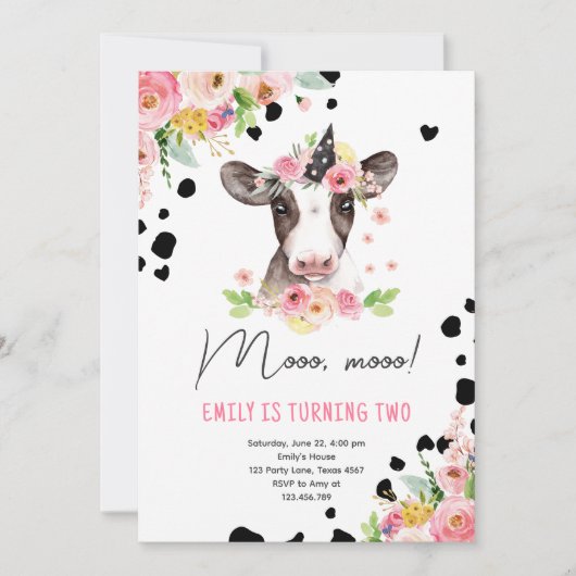 牛モー女の子ファーム動物の二番目の誕生日パーティー 招待状 (正面)
