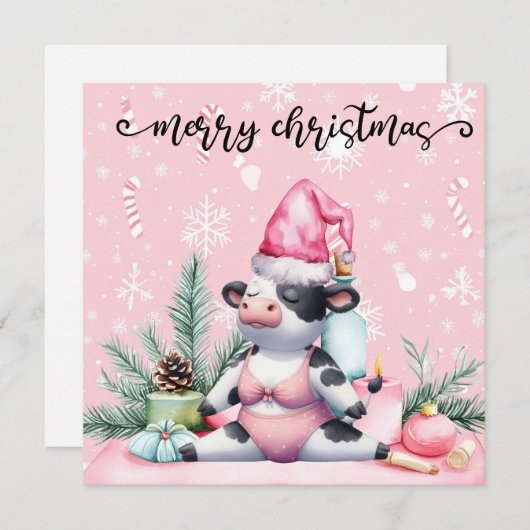 牛ヨガピンクのクリスマスデコレーション シーズンカード (正面/裏面)