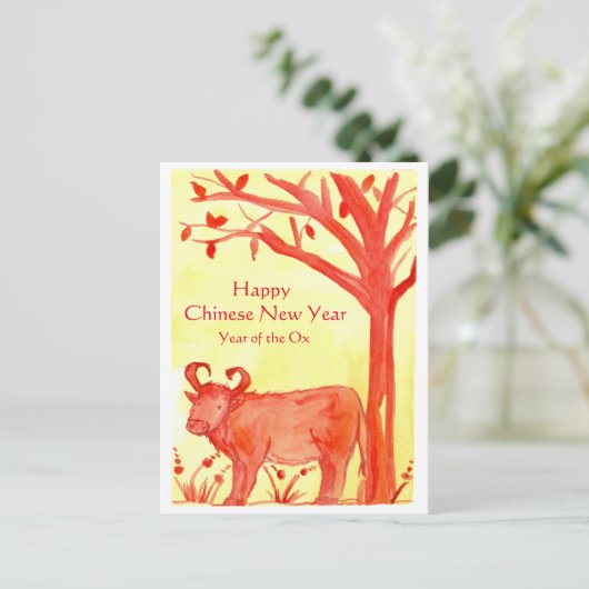 牛中国のの水色の幸せな新年 シーズンポストカード (スタンド正面)