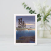 牛堀の夕暮れ、夕べの牛堀、河瀬蓮井、ウッドカット ポストカード (スタンド正面)