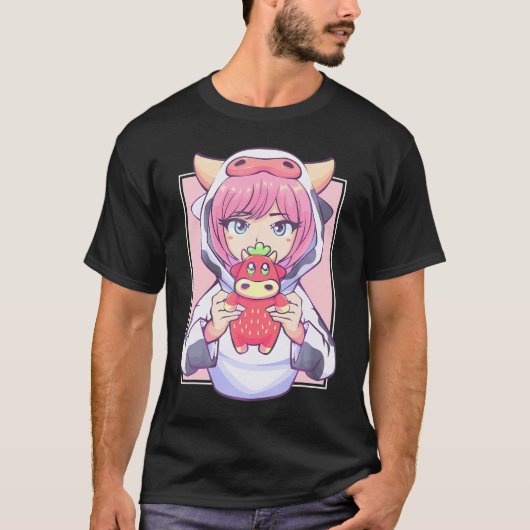 牛好きアニメ少女とイチゴかわいいCo Tシャツ (正面)