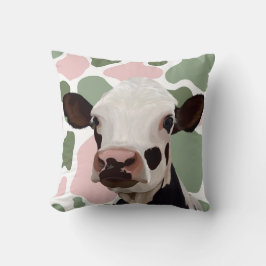 牛愛好家セージ緑とピンクの牛のプリント クッション