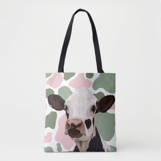 牛愛好家セージ緑とピンクの牛のプリント トートバッグ (正面)