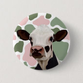 牛愛好家セージ緑とピンクの牛のプリント 缶バッジ (正面)