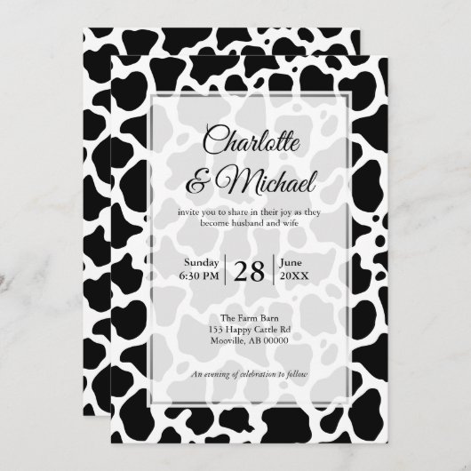 牛柄の背景を使った結婚式の招待状 (正面/裏面)