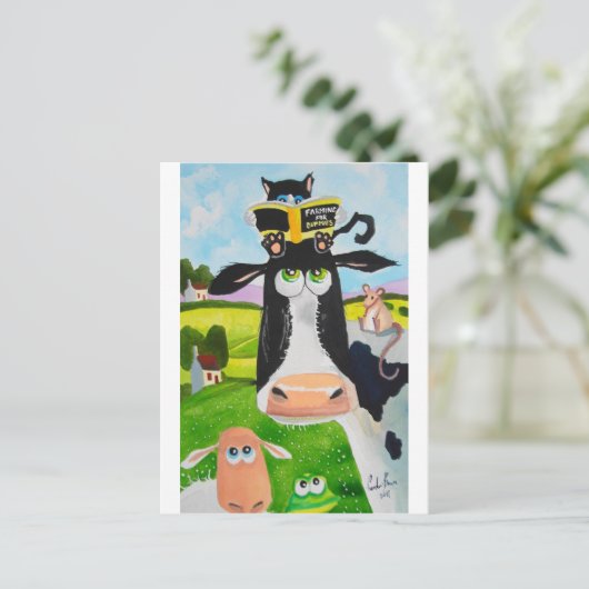 牛猫のヒツジカエルを絵を描いているかわいい動物 ポストカード (スタンド正面)