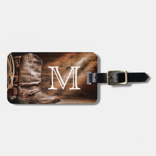 牛男の子のブーツの拍車の国のモノグラムの荷物のラベル ラゲッジタグ (正面横)