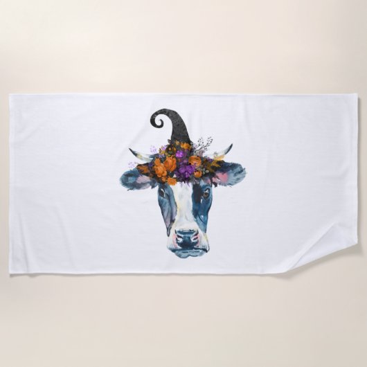 牛白黒ハロウィーンウィッチ ビーチタオル (正面)