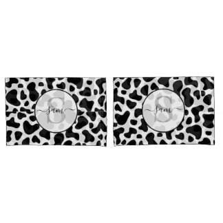 牛白黒パッチのモノグラムピロロケース 枕カバー