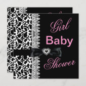 牛白黒ピンクガール赤ちゃんシャワーレース 招待状 (正面/裏面)