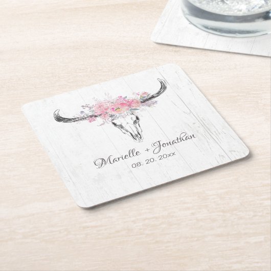 牛素朴スカルボホ赤面ピンクウォーター色フローラ スクエアペーパーコースター (アングル)