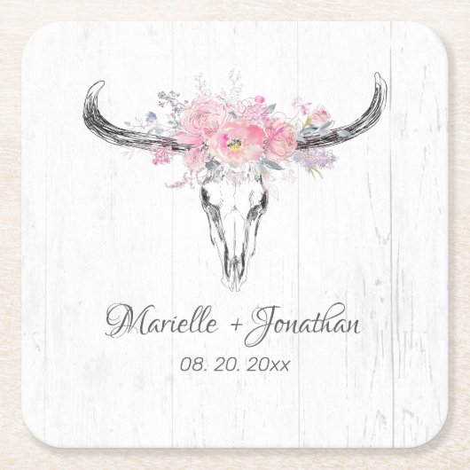 牛素朴スカルボホ赤面ピンクウォーター色フローラ スクエアペーパーコースター (正面)