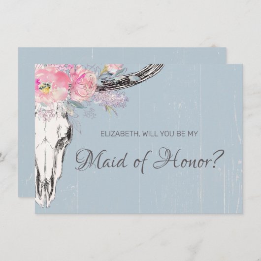 牛素朴スカルボー赤面フローラメイド・オブ・オーナー(花嫁付き添い人) 招待状 (正面/裏面)