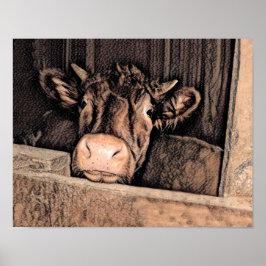 牛素朴ヴィンテージスケッチアートカントリーバーンファーム ポスター