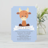 牛詰まった青イエロー男の子！赤ちゃんシャワー 招待状 (スタンド正面)