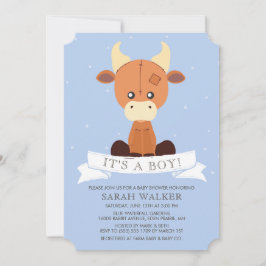 牛詰まった青イエロー男の子！赤ちゃんシャワー 招待状