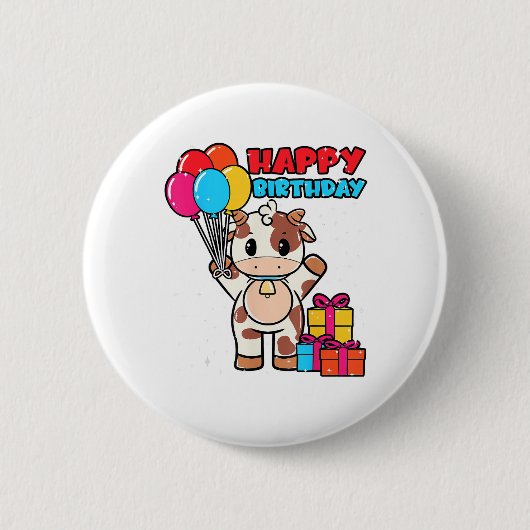牛誕生日バルーンテーマキャットルマン農家かわいいB 缶バッジ (正面)