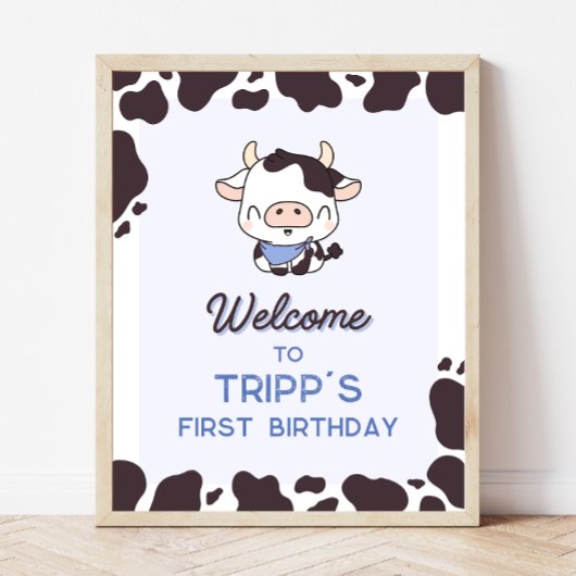 牛誕生日ブルーパーティーウェルカムサイン ポスター