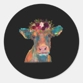 牛頭顔プリントカラフル水彩フローラ ラウンドシール (正面)