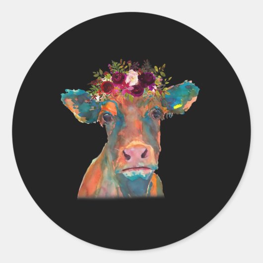 牛頭顔プリントカラフル水彩フローラ ラウンドシール (正面)