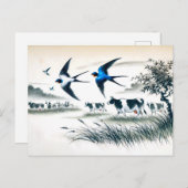 牛飛んでいる畑にインクを中国の塗る ポストカード (正面/裏面)