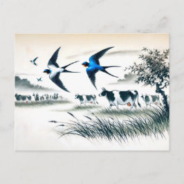 牛飛んでいる畑にインクを中国の塗る ポストカード