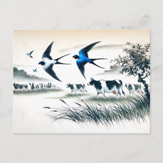 牛飛んでいる畑にインクを中国の塗る ポストカード (正面)