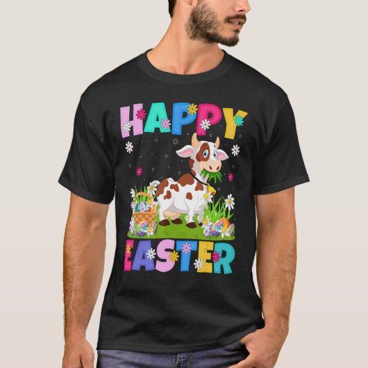 牛 うさぎ ハッピーイースター うさぎ 牛 イースターの日曜日 Tシャツ (正面)