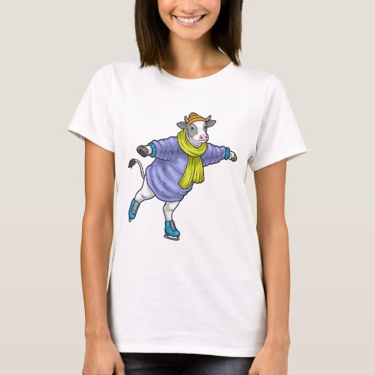 牛 アイススケート スケート靴 冬のスポーツ Tシャツ (正面)