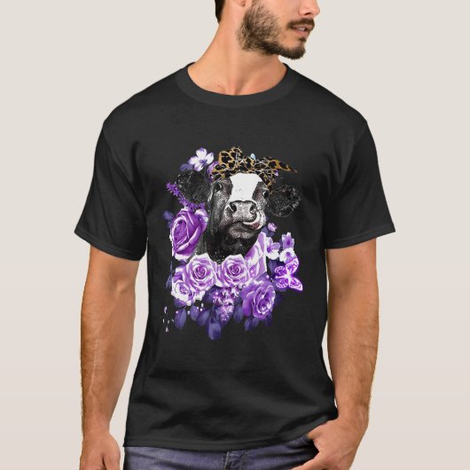 牛 紫の花 牛 Tシャツ (正面)