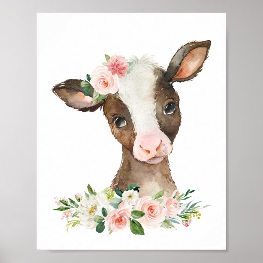 牛、農業動物、ピンクの花、女の子の子供部屋 ポスター (正面)