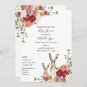 牡丹かわいらしの花とウサギの赤ちゃんシャワー 招待状 (正面/裏面)