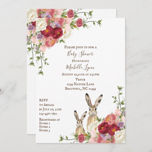 牡丹かわいらしの花とウサギの赤ちゃんシャワー 招待状 (正面/裏面)