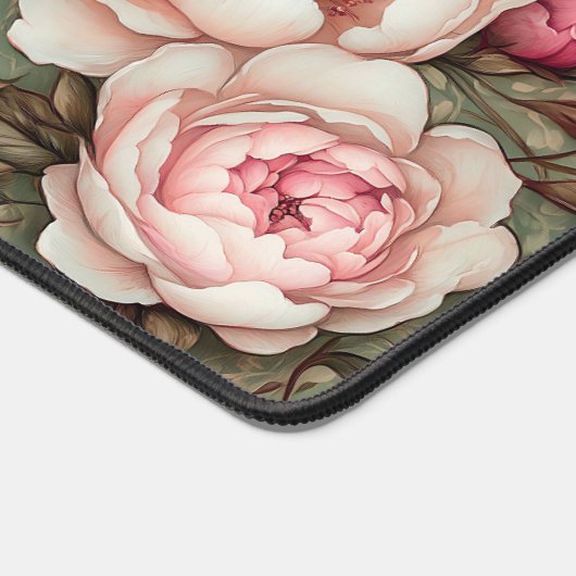 牡丹かわいらしピンク&グリーンヴィンテージフローラルパターン デスクマット (コーナー)