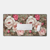牡丹かわいらしピンク&グリーンヴィンテージフローラルパターン デスクマット (キーボード&マウス)