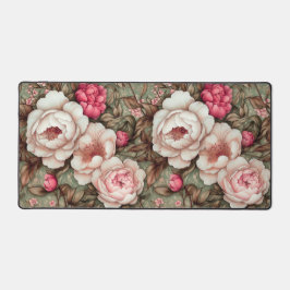 牡丹かわいらしピンク&グリーンヴィンテージフローラルパターン デスクマット