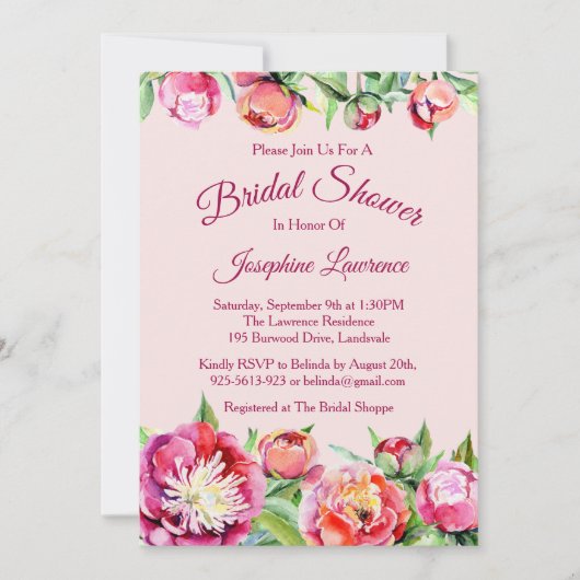 牡丹かわいらしフローラブライダルシャワー招待状 招待状 (正面)