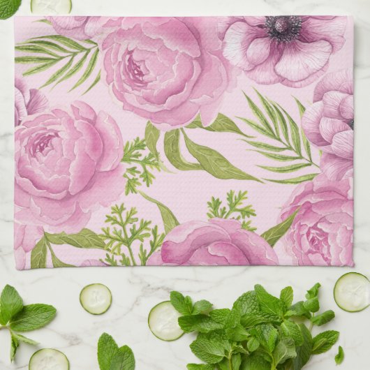 牡丹とアネモネの花の水色 キッチンタオル (折り畳み)