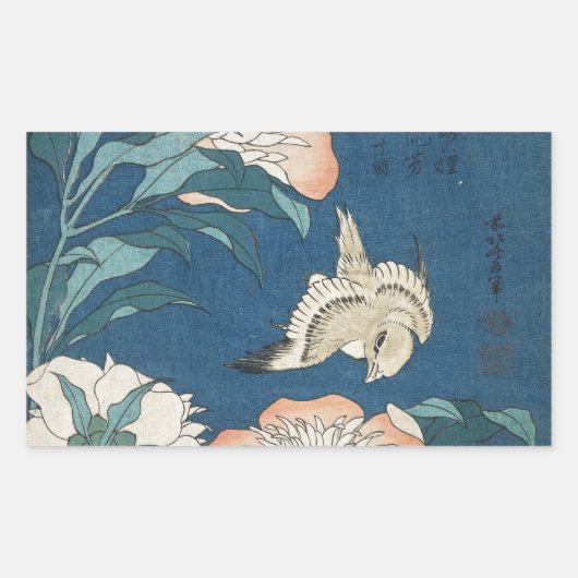 牡丹とカナリア 長方形シール (正面)