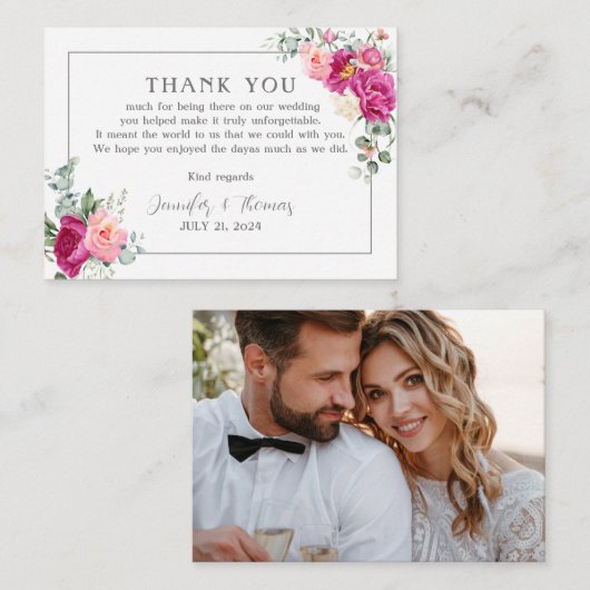 牡丹とバラの緑のサンキューカード ノートカード (正面/裏面)