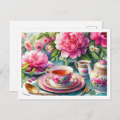 牡丹とピンクティーカップティーパーティーフローラ ポストカード (正面/裏面)