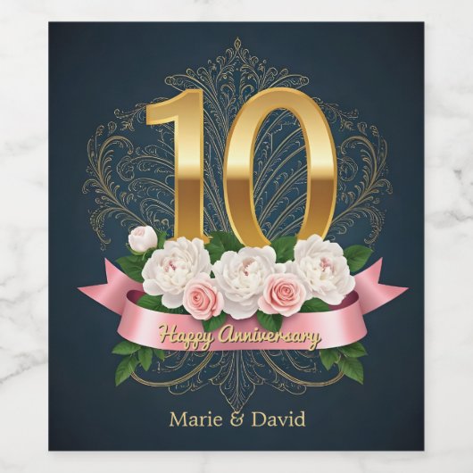 牡丹と映画金ゴールド10結婚周年 ワインラベル (シングルラベル)