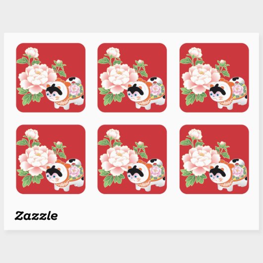 牡丹と獅子犬日本のの着物柄 スクエアシール (シート)