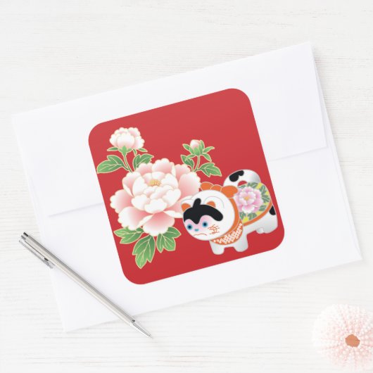 牡丹と獅子犬日本のの着物柄 スクエアシール (封筒)
