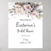 牡丹と緑のブライダルシャワーウェルカムサイン ポスター (正面)