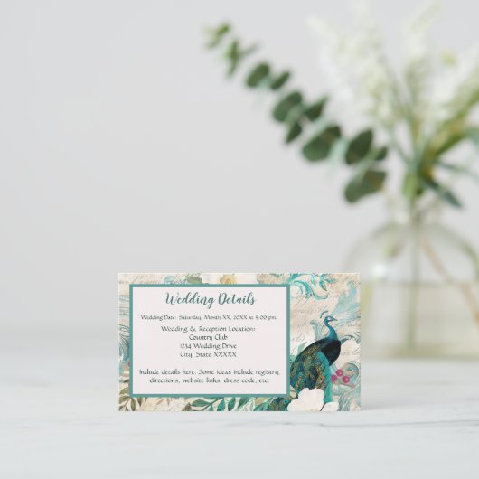牡丹と花ティール（緑がかった色）、アイボリー、および金ゴールド結婚の エンクロージャーカード