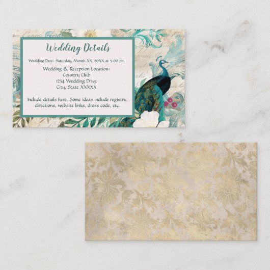 牡丹と花ティール（緑がかった色）、アイボリー、および金ゴールド結婚の エンクロージャーカード (正面/裏面)