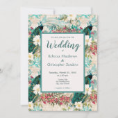 牡丹と花ティール(緑がかった色)、アイボリー、および金ゴールド結婚の 招待状 (正面)