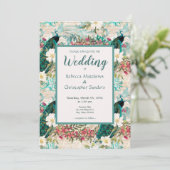 牡丹と花ティール(緑がかった色)、アイボリー、および金ゴールド結婚の 招待状 (スタンド正面)